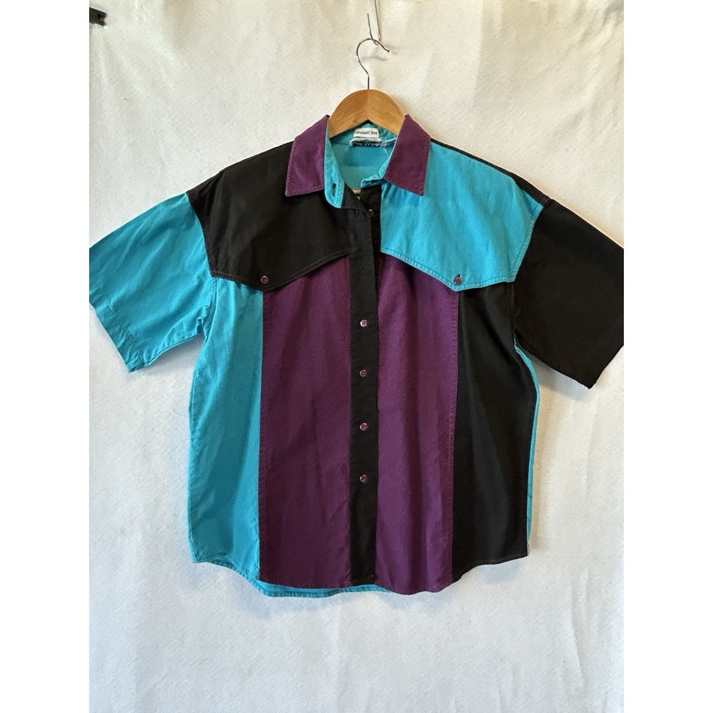 Vtg. 90's Side Saddle Short Sleeve Button Up Shirt Color Block Size Medium